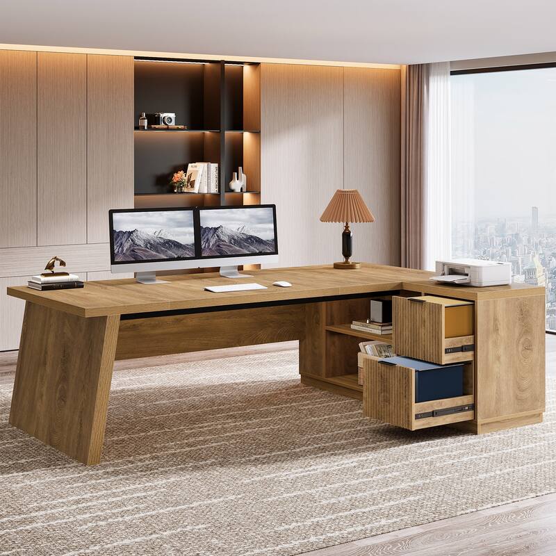 78" L-Shaped Executive Desk with File Cabinet & Shelves, Home Office