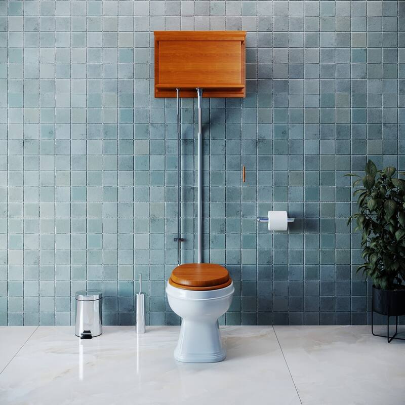 High Tank Toilet - Light Mahogany Flat Tank, White Elongated Bowl and Chrome L Pipe Renovators Supply
