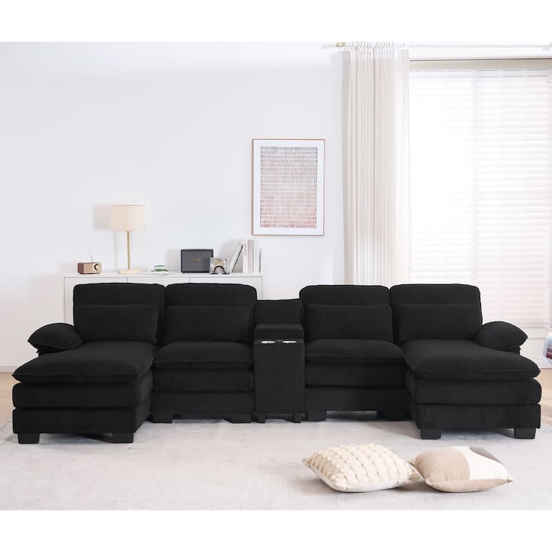 124" Modern Modular Sofa with Double Recliner and USB Port with Center Console - Black