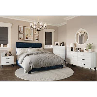 CraftPorch Corduroy 4-pieces Mid-Century Modern Navy Blue Bed with Light Grey Furniture Bedroom Set