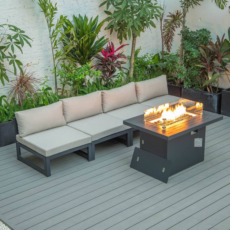 LeisureMod Chelsea 5-Piece Outdoor Patio Chairs and Fire Pit Table Set