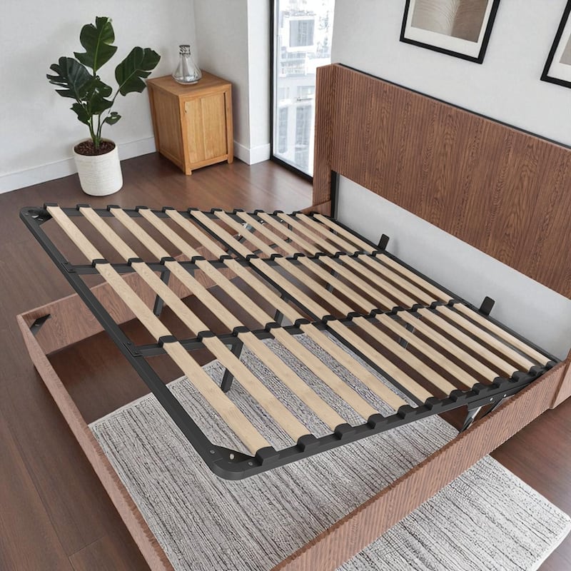 King Lift-Top Storage Platform Bed, Hydraulic Gas Lift, Grooved Headboard Shelves, Rustic Walnut, No Box Spring, Quiet
