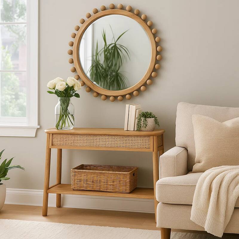 Mirror with Spherical Beads Accent and Wooden Frame, Brown