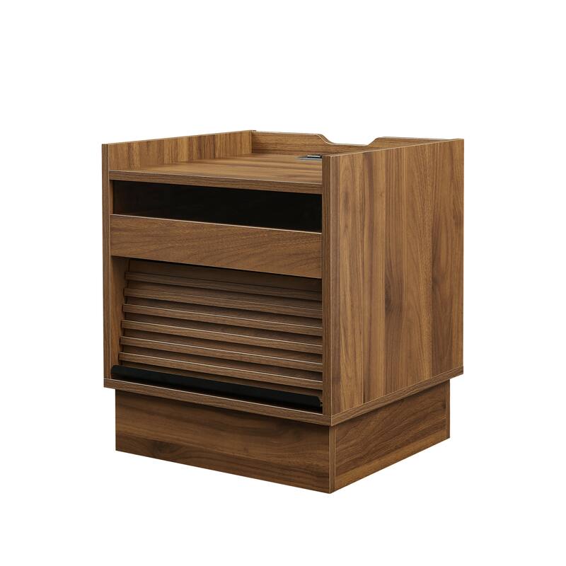 Mid-Century Modern 2-Drawer Nightstand with Charging Station & LED Lights - Bedside/End Table (Brown)