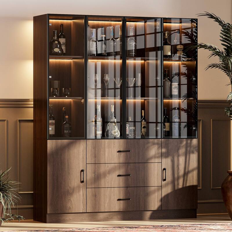 Bookshelves Bookcase Modular Glass Display Cabinet with LED Lights, Dark Wood Storage Combination Cabinet System