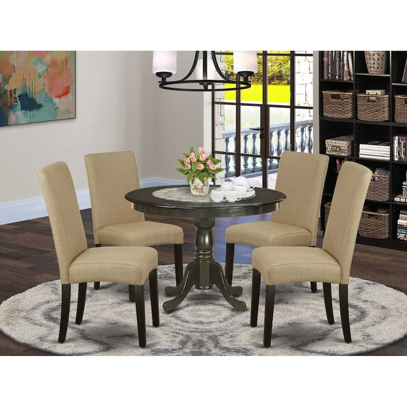 Round Dining Table Set 5 Piece - Cappuccino Table & Linen Chairs - 42 Inch Modern Dining Room Furniture