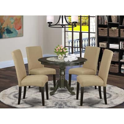 Round Dining Table Set 5 Piece - Cappuccino Table & Linen Chairs - 42 Inch Modern Dining Room Furniture