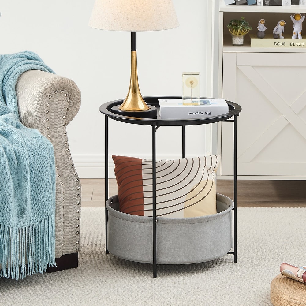 VECELO Small Round Side Table with Removable Tray & Fabric Storage Bin Easy 5-Min Assembly for Living Room Bedroom