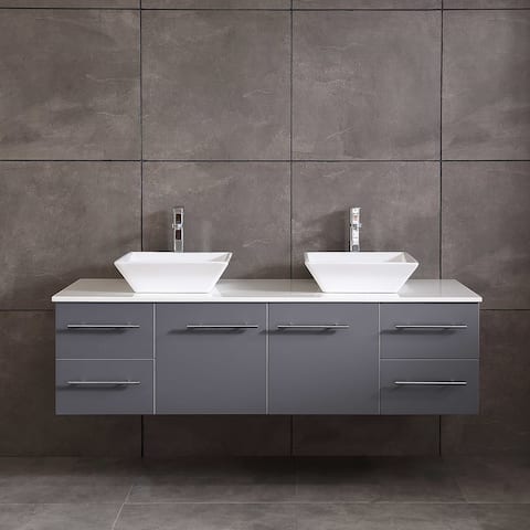 Totti Wave 72 inch Gray Modern Double Sink Bathroom Vanity with White Glassos Countertop & Porcelain Vessel Sinks