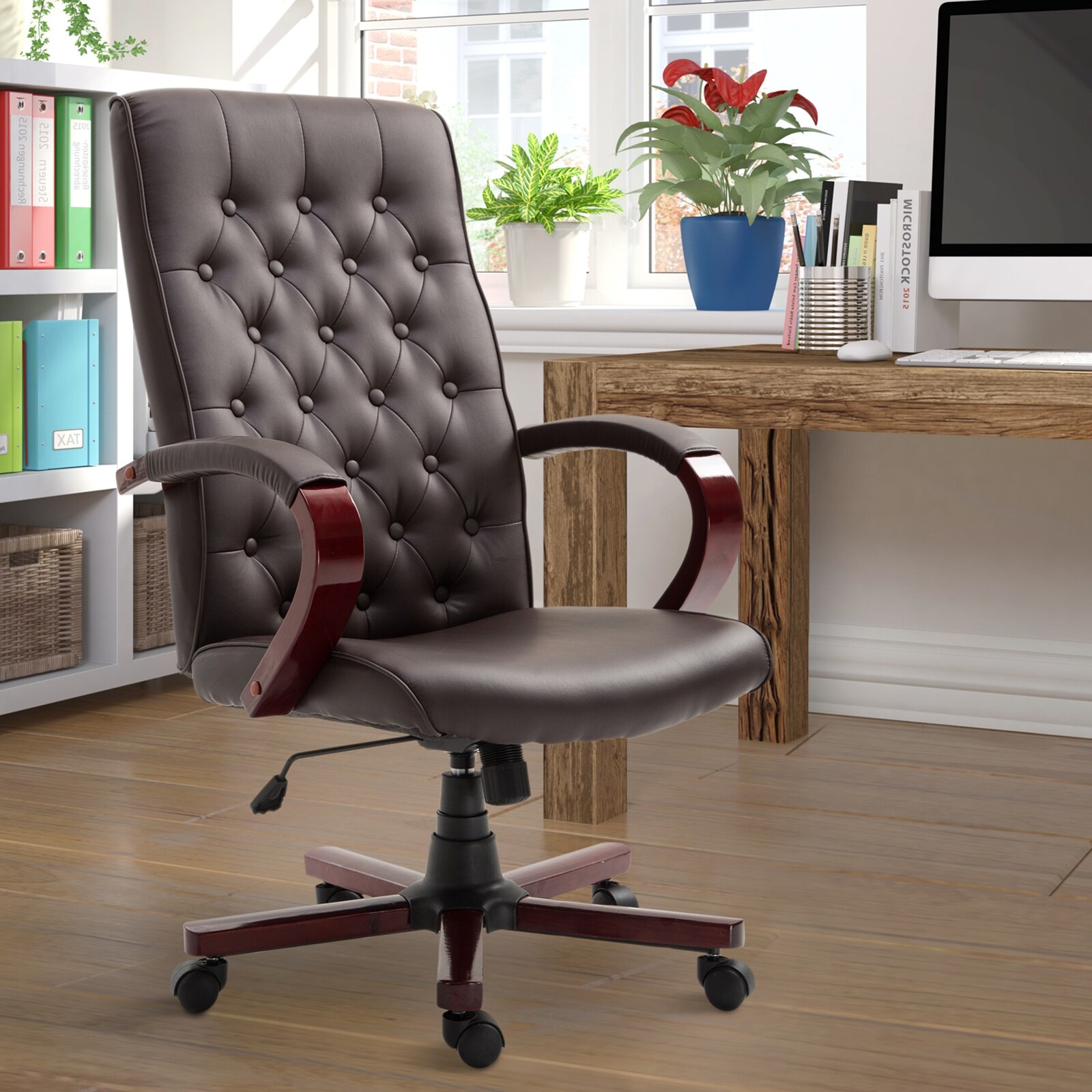 Shop Porch Den Purdin Leather Wooden High Back Executive Home Office Chair Overstock 28265901