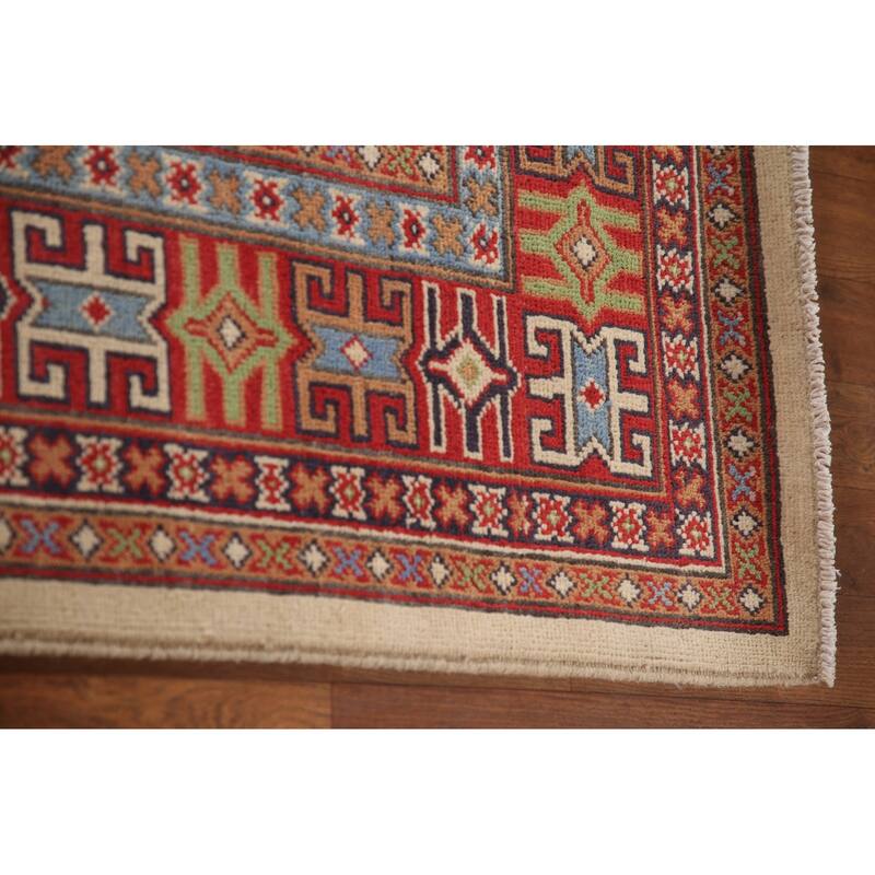 Ivory Geometric Kazak Area Rug Hand-Knotted Wool Carpet - 6'9" x 9'10"