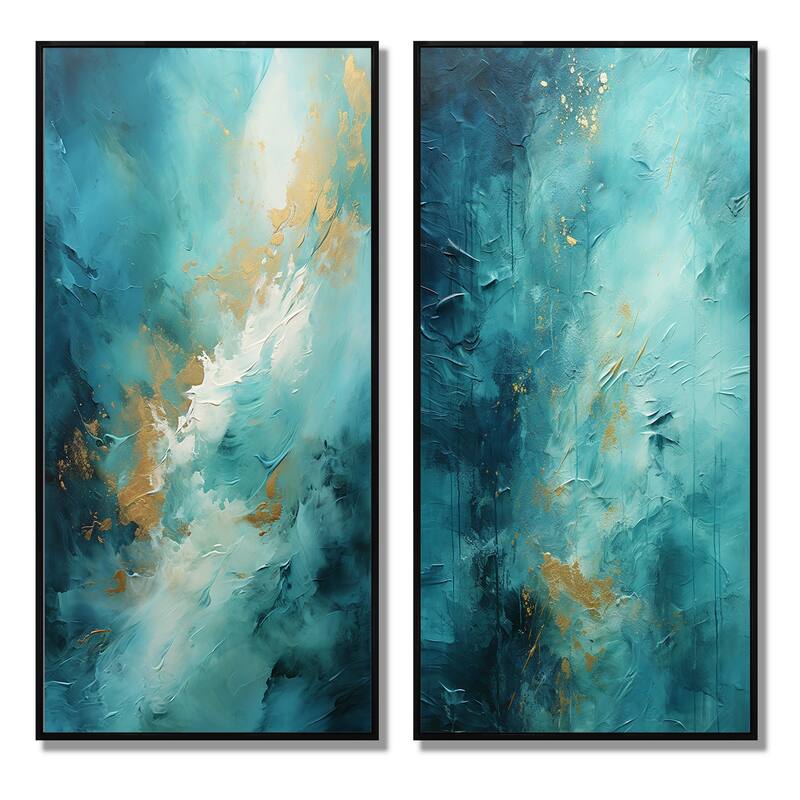 Designart "Turquoise Tranquility" Abstract Landscapes Framed Wall Art Set Of 2 - Green Gallery Set For Office Decor