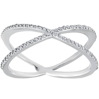 White Gold Round Diamond Crossover Cocktail Fashion Statement X Ring 1/5ct