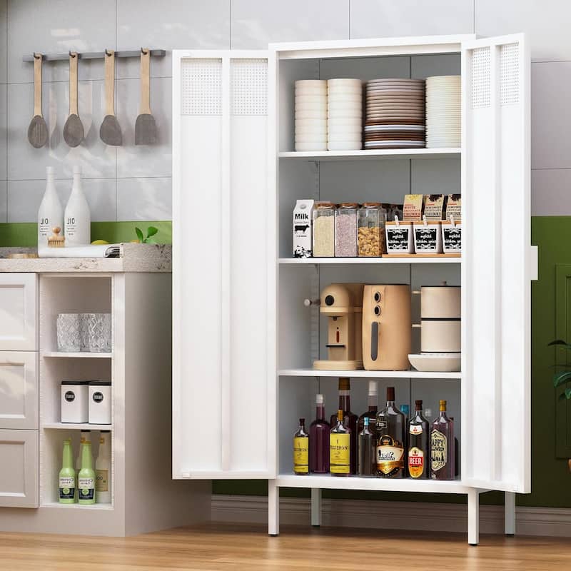 61 Inches High Metal Food Storage Cabinet, Equipped With Adjustable Shelves And Suitable For Homes And Kitchens - White