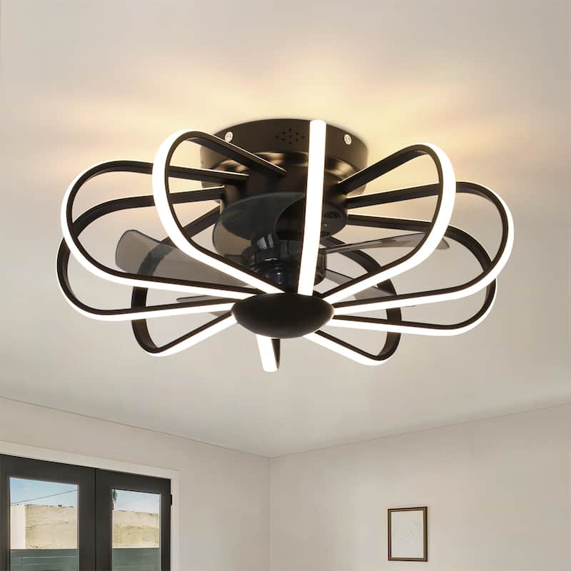Starsky 23'' Drum Flush Mount LED Ceiling Fan with Light,6-Speed Low Profile Smart APP Control Ceiling Fan with Remote - Black