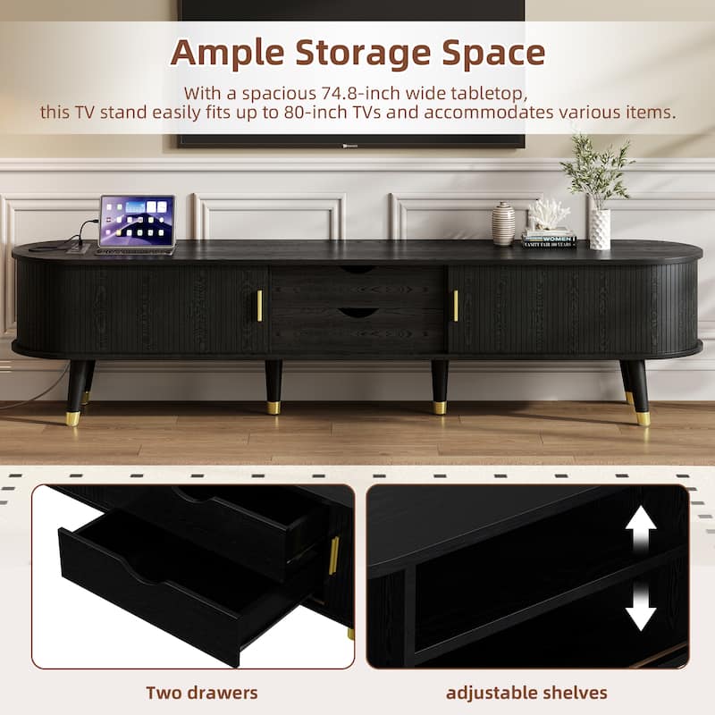 Tv Stand With Charging Station For Tv Up To 80",Mid-Century Media Console With Sliding Tambour Door,Tv Cabinet