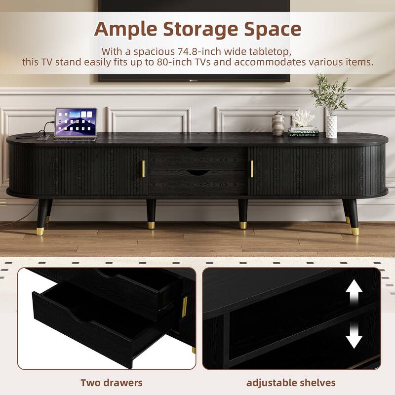 Wooden Oval TV Stand with Charging Station for TV up to 80", Mid-Century Media Console with Sliding Tambour Door for Living Room