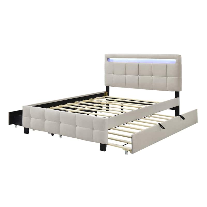 Queen Size Upholstered Platform Bed w/ LED Frame, Twin XL Size Trundle