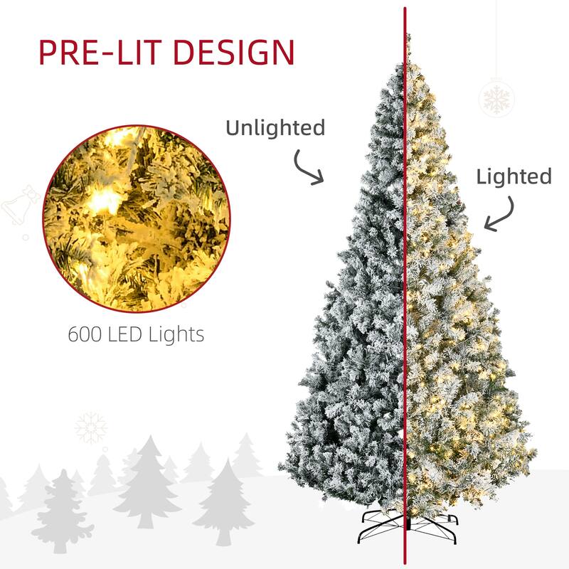 9ft Tall Prelit Artificial Christmas Tree Holiday Décor with 1868 Snow Flocked Branches, 600 Warm White LED Lights - Green