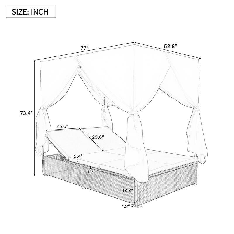 Elegant Outdoor Patio Wicker Sunbed Daybed with Adjustable Cushions and Curtains