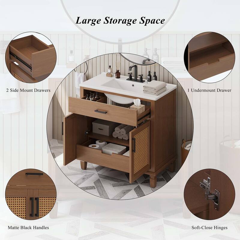 36 Inch Rattan Bathroom Vanity with Ceramic Sink,Modern Design with 2 Soft Close Doors and 3 Drawers