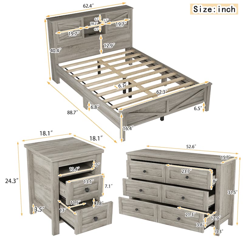 3-Pieces Bedroom Sets Farmhouse Platform Bed with Nightstand and Dresser