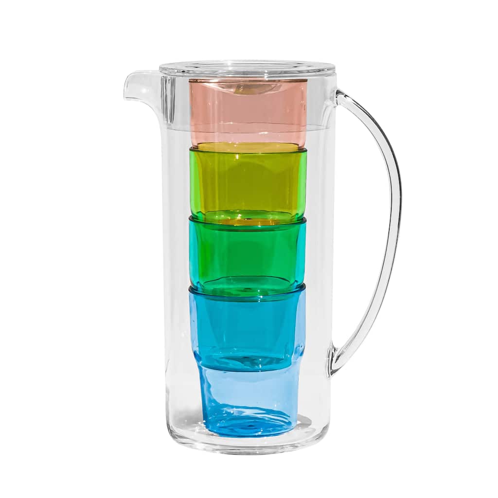 Abode Homewares Simple Acrylic Stacked Nested Pitcher with Lid & Glasses Set - Multicolor Blues - Set of 6