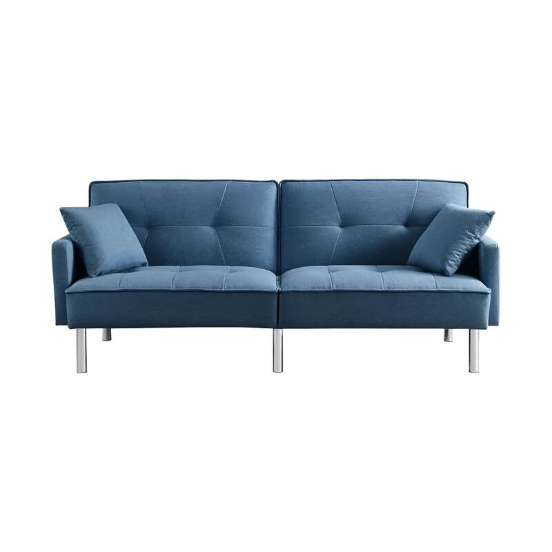 HomeRoots 85" Blue Polyester Blend Convertible Futon Sleeper Sofa And Toss Pillows With Silver Legs - 85