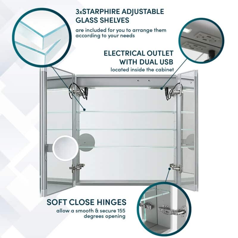 AQUADOM Signature Royale 30W LED Medicine Cabinet Defogger, 3X LED Vertically Adjustable Magnifying Mirror, Electrical Outlets