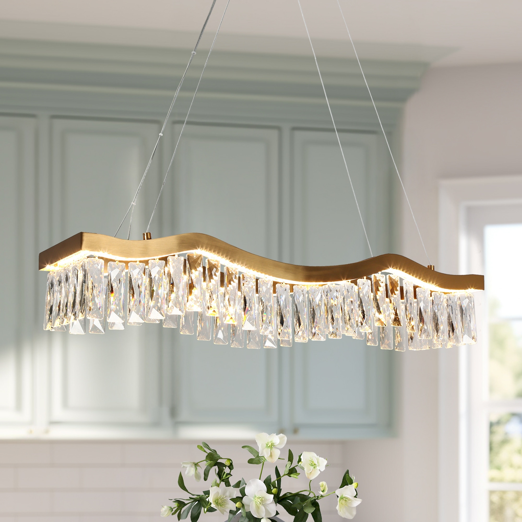 Modern Gold 1-Light LED Crystal Chandelier Kitchen Island Light for Dining Room - W 33.5" x H 9" x D 7.9"
