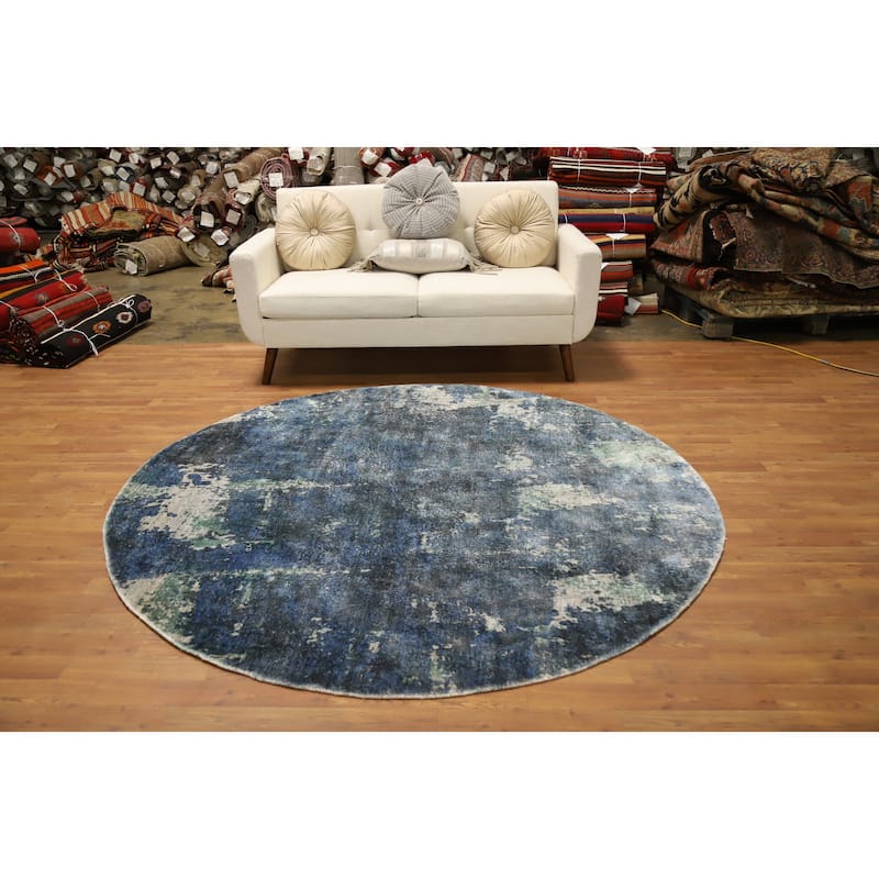 Hand Knotted Oriental Viscose Silk Carpet Modern Abstract Navy Blue & Blues Abstract Area Rug - 6' 8'' X 6' 8''