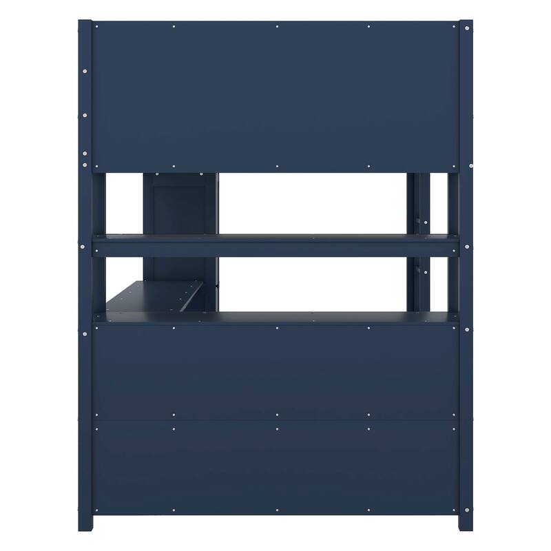 Dark Blue Full Pine Wood Loft Bed with Cabinet & Desk