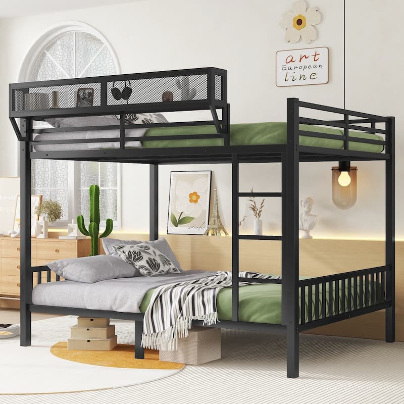 Queen Over Queen Metal Bunk Bed with Ladder and Storage Shelf for Adults Teens,Black - Black