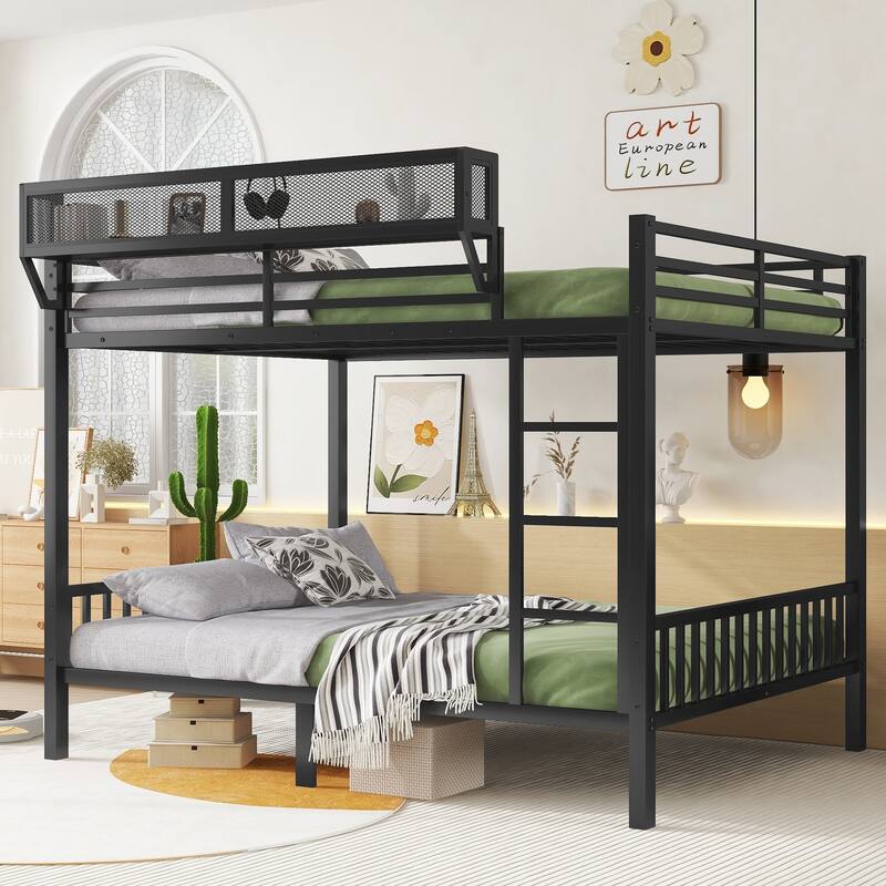 Queen Over Queen Metal Bunk Bed with Ladder and Storage Shelf for Adults and Teens, Black - Black