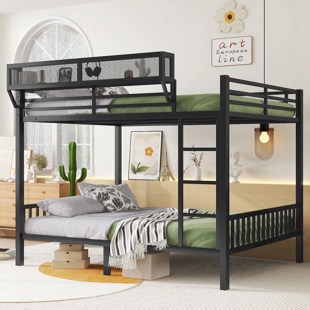 Queen Over Queen Metal Bunk Bed with Ladder and Storage Shelf for Adults and Teens, Black