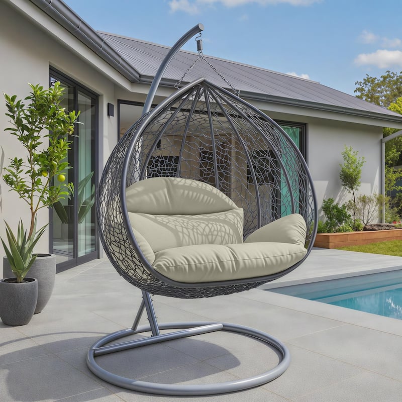 2-Person Egg Swing Chair with Grey Stainless Steel Frame, Cushioned 2-Seater Porch Swing for Outdoor and Indoor Use