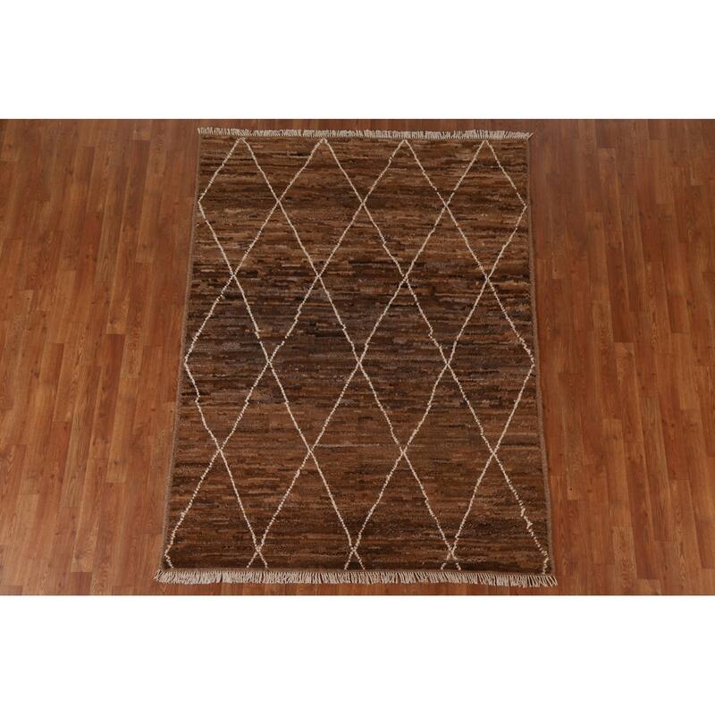 Hand Knotted Oriental 100% Wool Carpet Modern Trellis Brown Moroccan Area Rug - 6' 8'' X 5' 1''