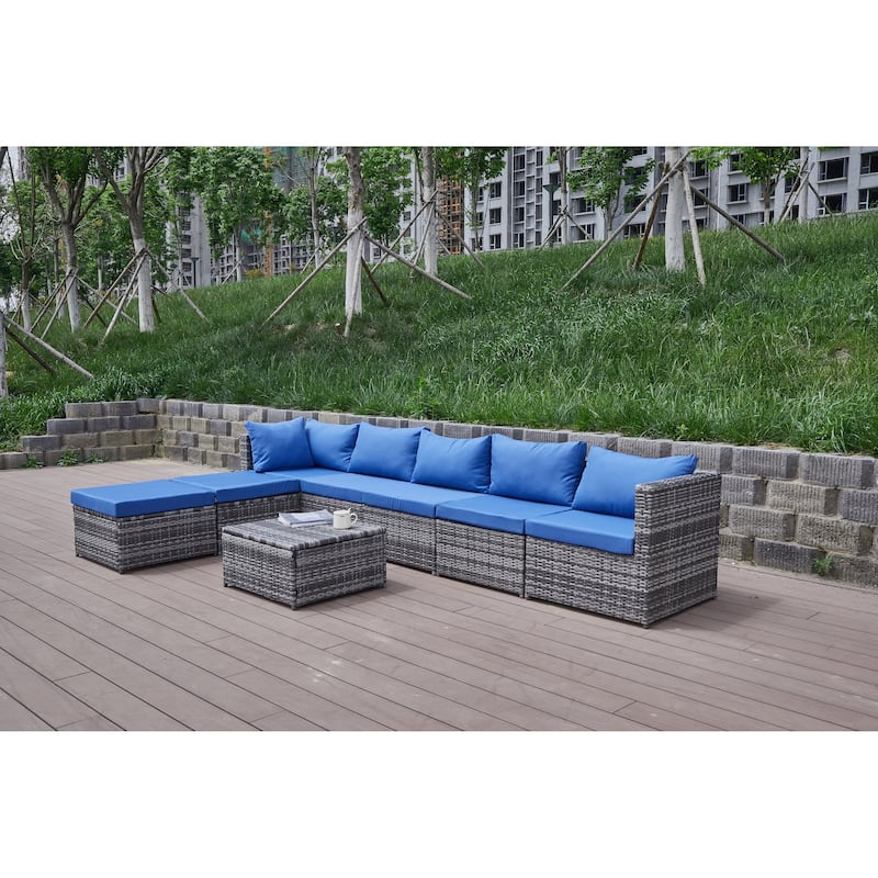 8 Pcs Patio Sectional Sofa Set, All-Weather Outdoor PE Rattan Wicker Conversation Furniture Set with Cushions and Tea Table