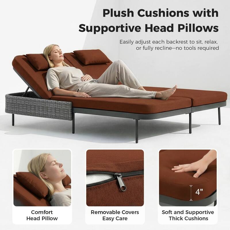 2-Person Outdoor Double Chaise Lounge, Wicker Patio Reclining Daybed with 6-Position Backrests, 4" Cushions, 800 lb Capacity