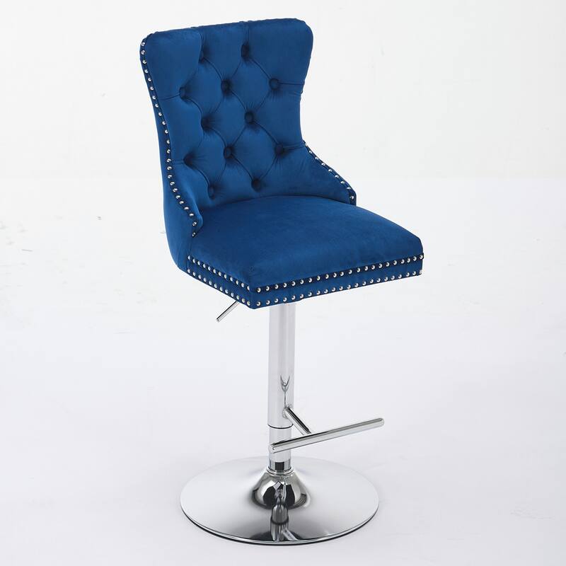 2PCS Swivel Adjustable Height Tufted Bar Stools With Silver Leg