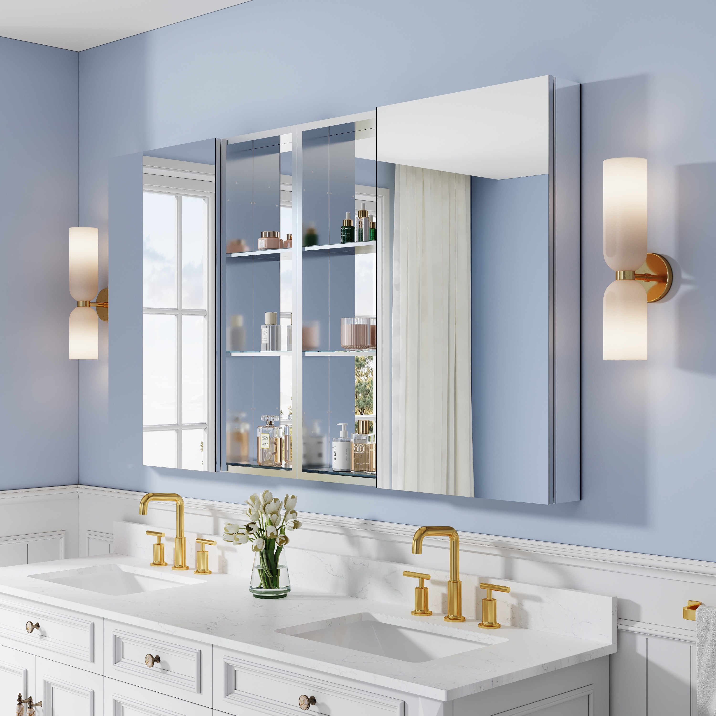 48''/56''/64''/72''W X 36" H Recessed or Surface Wall Mount Aluminum Bathroom Mirror Medicine Cabinet And Open Shelves Combo