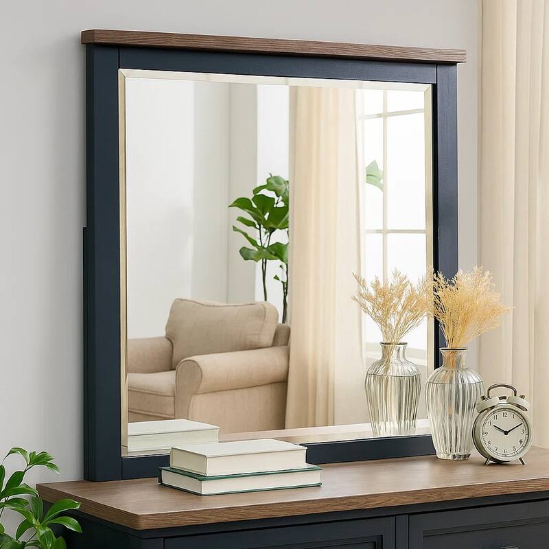 Tela 36 Inch Dresser Mirror, Blue Pinewood Frame, Dark Brown Top - Blue, Dark Brown