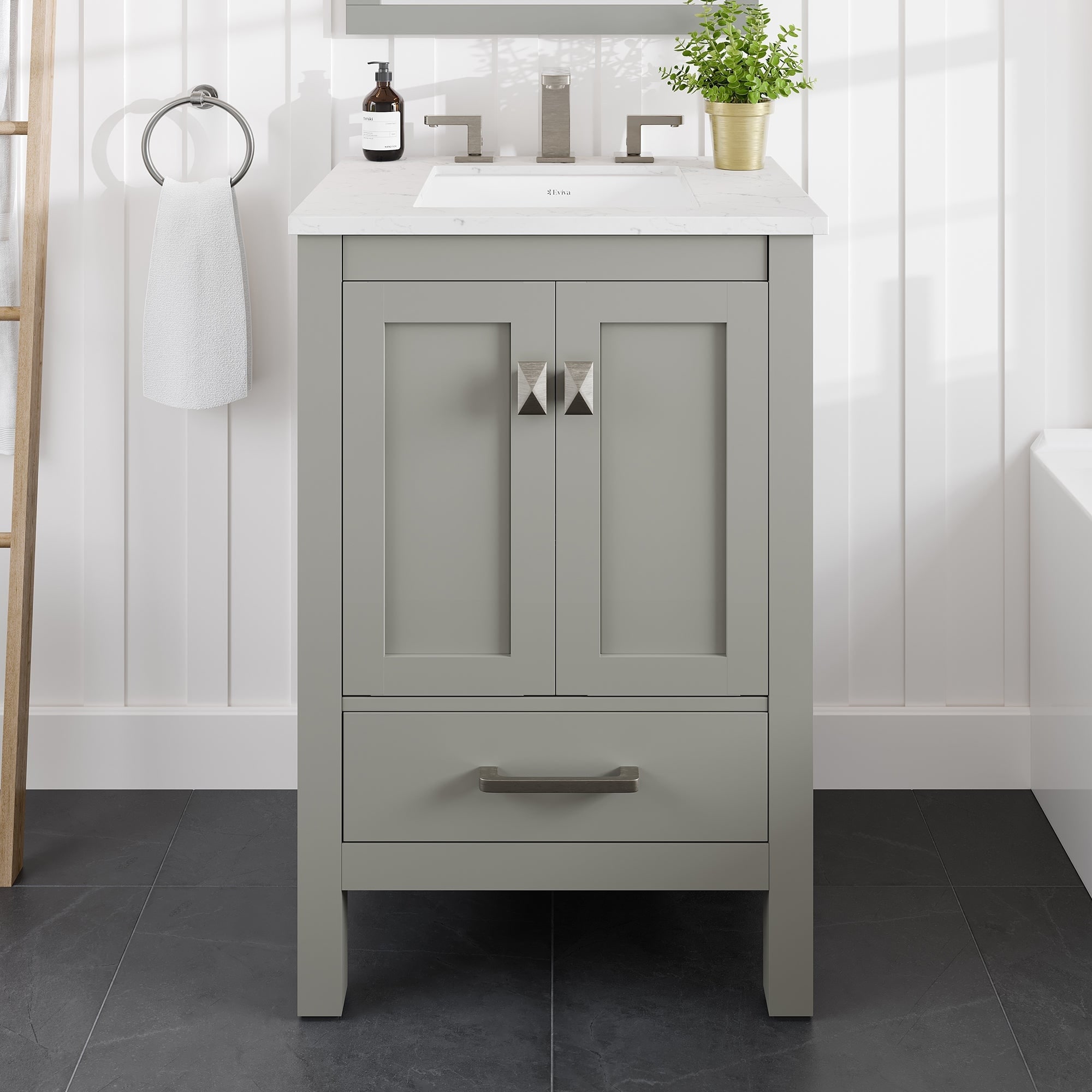 Eviva Aberdeen 24"W x 22"D Gray Bathroom Vanity with Carrara Quartz Countertop and Undermount Porcelain Sink