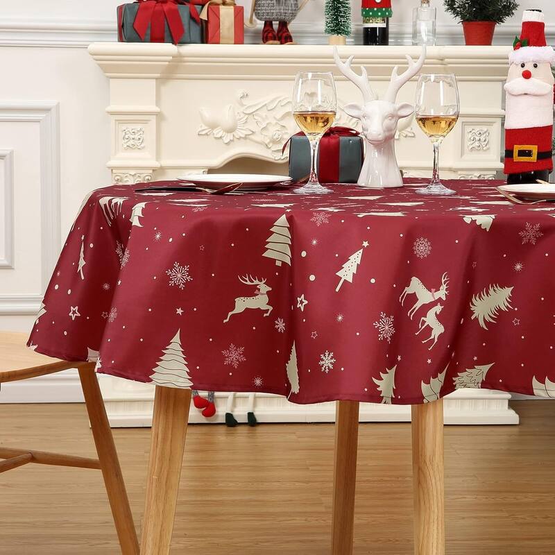 Christmas Round Tablecloth Waterproof Holiday Xmas Decor, Red