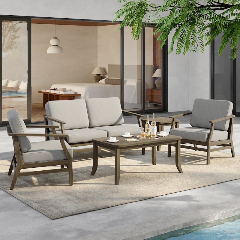 5-Piece Outdoor Teak Wood Patio Conversation Set with Cushions - NaturalFrame-Light Camel