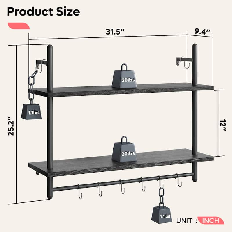 Pipe Shelf Industrial Floating Shelving 31 with Towel Bar Hooks - Retro Grey-31.5 Inch