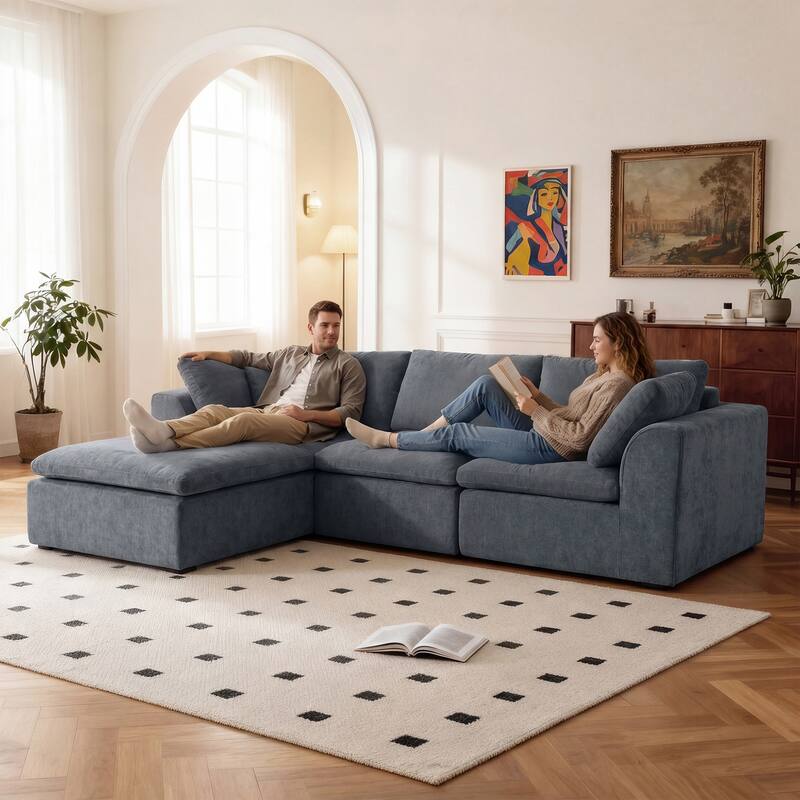 L-Shaped Chenille Sectional Sofa with Chaise Lounge, Living Room Modular Leisure Couch Chenille Sleeper Sofa