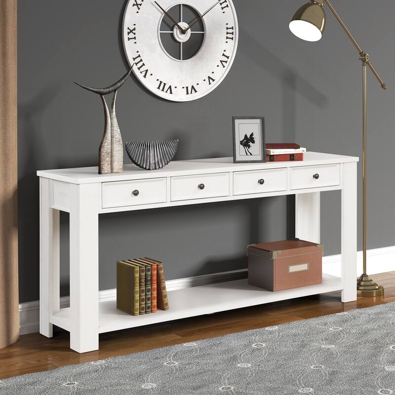 Pine Wood Console Table with 4 Drawers and Bottom Shelf for Entryway Hallway