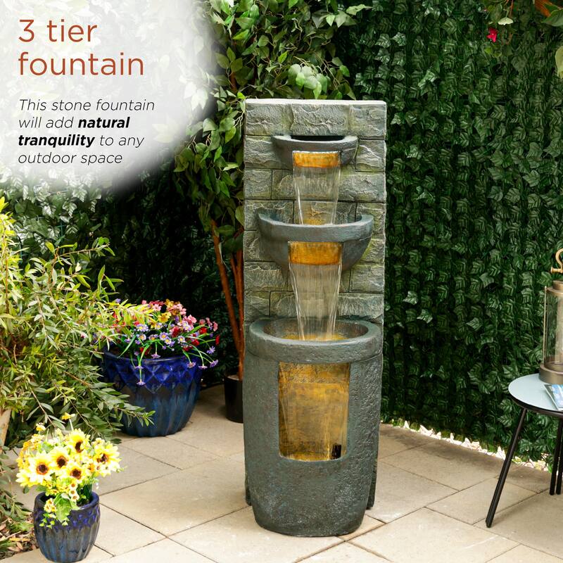 Alpine Corporation TZL384 51" 3-Tier Water Fountain with LED Lights, Elegant Cascading Water Feature Decorative Waterfall Gray