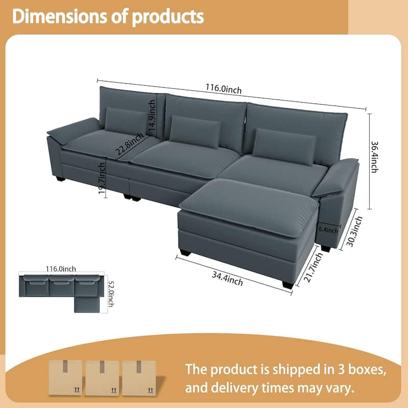 Kullavik Cloud Chenille L-Shaped Sofa, Modular Sectional Sofa with Ottoman, Throw Pillows and Double Layered Cushion